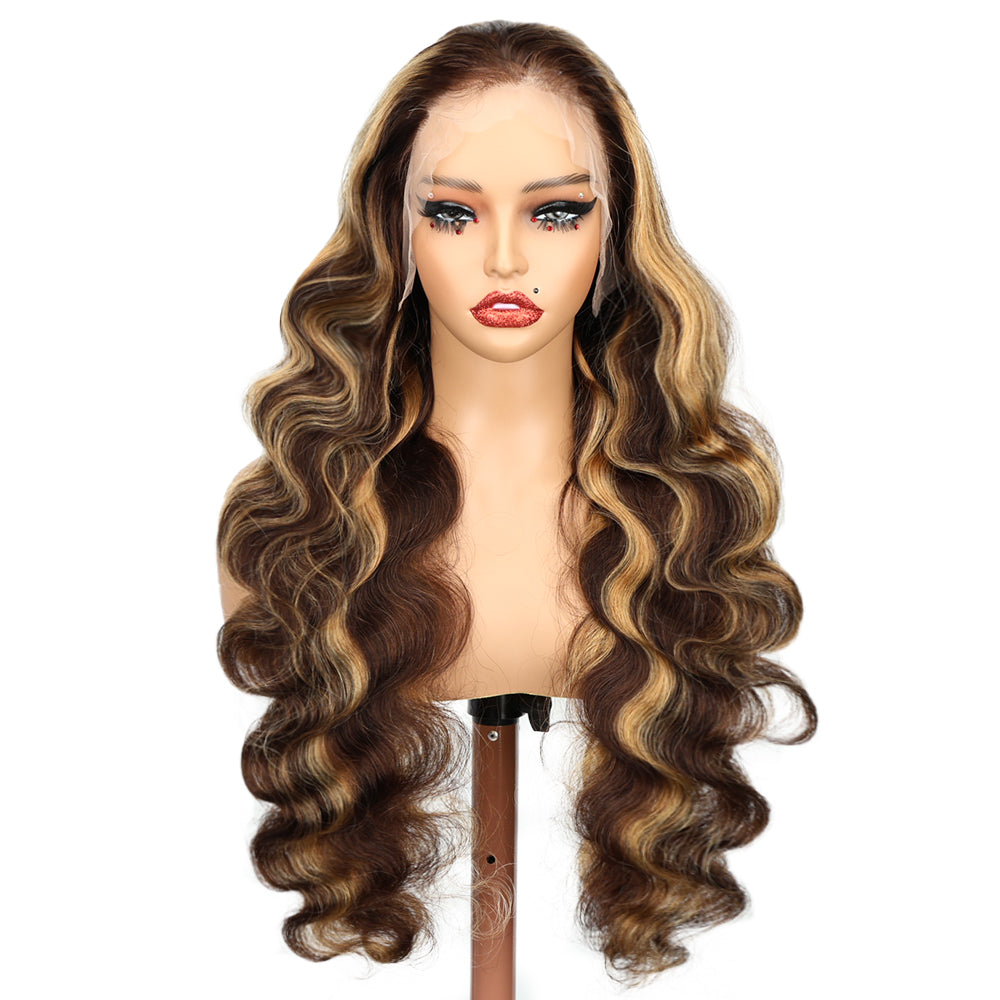 Kinnis Highlight Ombre Body Wave Pre Plucked 13x4 Glueless HD Lace Front Wig Colored Human Hair Wigs