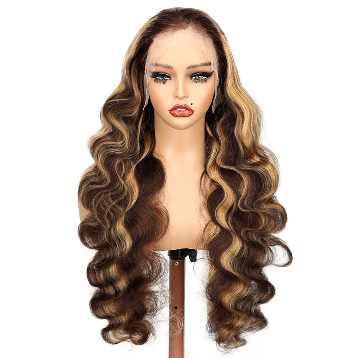 Kinnis Highlight Ombre Body Wave Pre Plucked 13x4 Glueless HD Lace Front Wig Colored Human Hair Wigs
