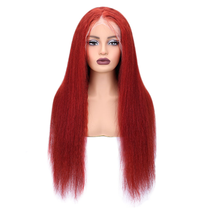 Kinnis 99J Burgundy Yaki Straight 13x4 Lace Front Glueless Wigs Pre Plucked with Baby Hair