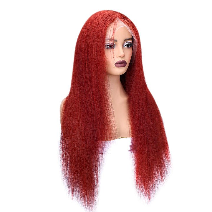 Kinnis 99J Burgundy Yaki Straight 13x4 Lace Front Glueless Wigs Pre Plucked with Baby Hair