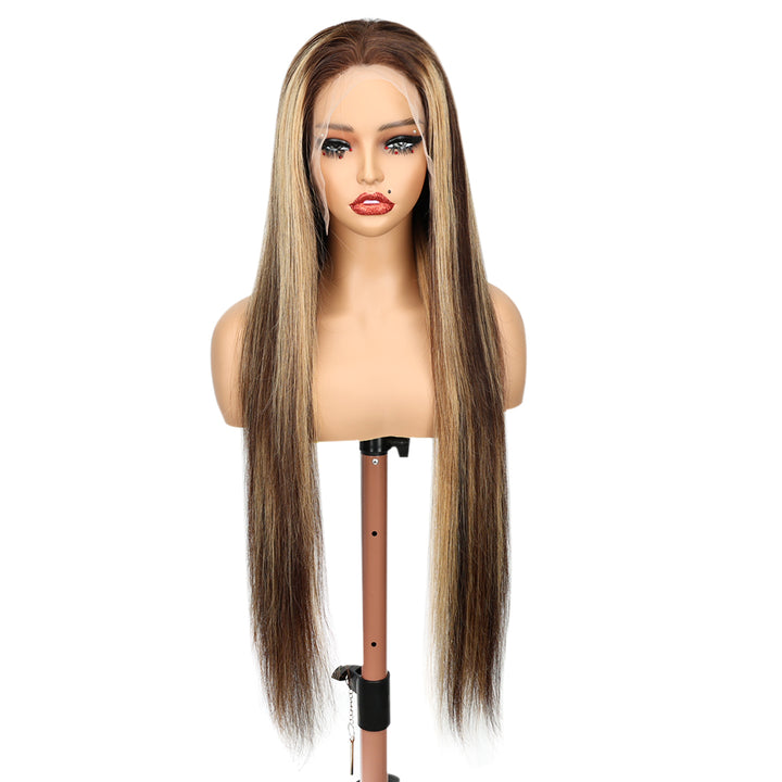 Kinnis Ombre Highlight #P4/27 Straight 13x6 Lace Frontal Wig Transparent Lace Human Hair Wig