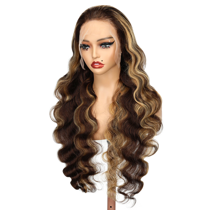 Kinnis Ombre Highlight #P4/27 Body Wave 13x6 Lace Front Honey Blonde Highlight Human Hair Wig