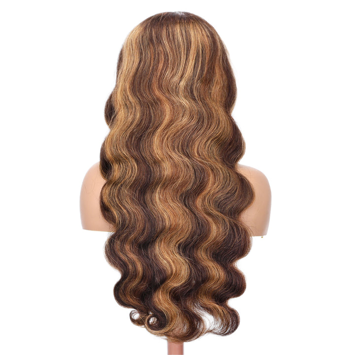 Kinnis Highlights Hair Body Wave 5x5 Lace Closure Wig P4/27 Transparent Lace Brown Hair with Blonde Highlights Wigs