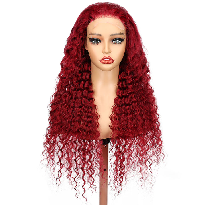 Kinnis Burgundy 99J Deep Wave Lace Closure Wigs Pre Plucked 4x4 HD Lace Closure Wig