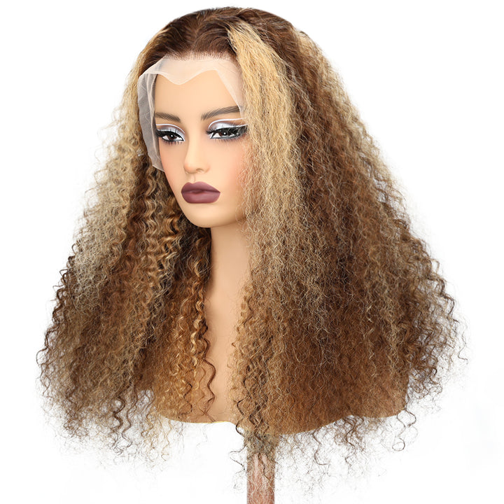 Kinnis 13x6 HD Lace Front Curly Wig Honey Blonde Piano Highlights Transparent Human Hair Wigs